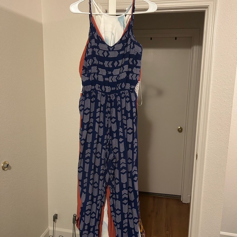 Forever 21 Navy and Pink Geometric Jumpsuit
